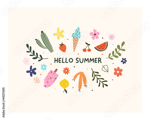 Hand drawn hello summer flower  fruits  ice cream and leaves isolated on white background. Cute hygge scandinavian template for greeting card  t shirt design. Vector illustration in flat cartoon style