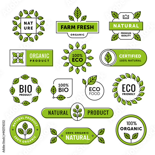 Organic and natural emblem, label, badge set. Eco and bio product icon, vegan food symbol. Green leaf logo.