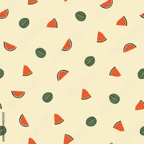 Seamless pattern with cute hand drawn watermelon. Cozy hygge scandinavian style template for fabric, packaging, kids t shirt design. Vector illustration in flat cartoon style