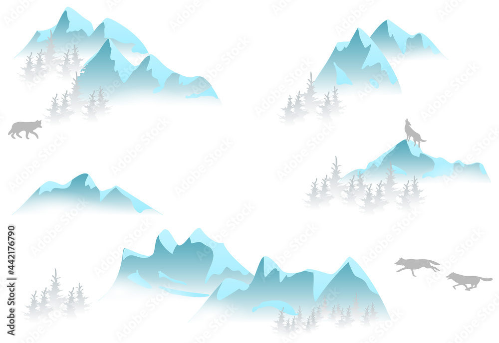 Pattern with mountains, snow and wolves.