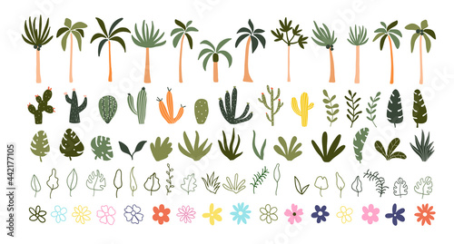 Cute hand drawn summer blooming flowers, green leaves, tropical palm trees, cactuses. Cozy hygge postcard, poster, greeting card, kids t shirt design. Vector illustration in flat cartoon style