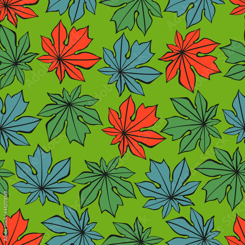 Vector seamless pattern with orange, blue and green leaves.