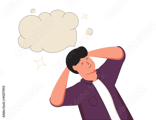 Dreaming, thinking man lying and imaging with a cartoon doodle bubble. Thin outline vector illustration , cute character