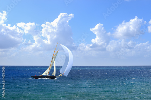 Sailboat with white spinnaker sailing downwind