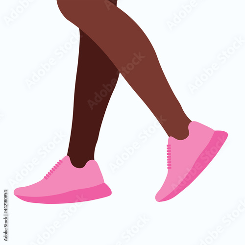 Pink fashionable sneakers on female black leg, sports urban shoes, glamorous pink sneakers, design, modern youth style, fashion, flat vector illustration