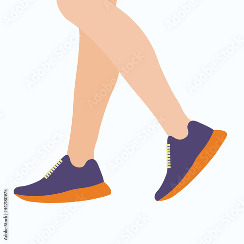 Female or male feet in sneakers flat vector illustration, design, modern style outdoor shoes, comfortable urban sports shoes on isolated background