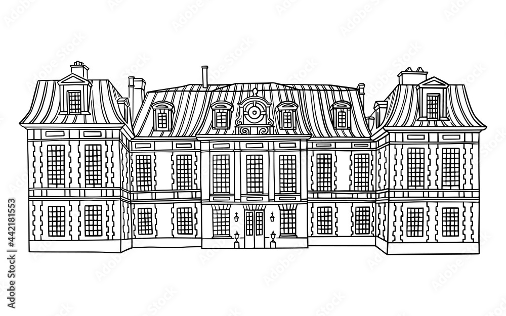 Vector illustration with style mansion. Historic Building with Mansard-style roof