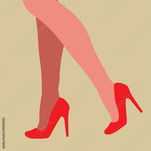 Elegant female feet in red high-heeled shoes, stylish women's shoes, red shoes, well-groomed tanned feet, beige background, flat design vector