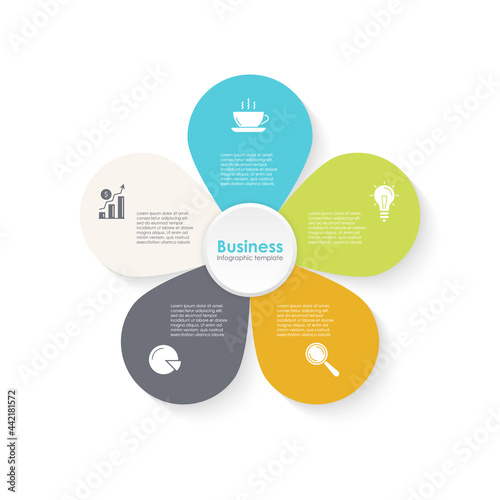 Vector circle infographic template with 5 steps for diagram, graph, web design, presentation and round chart. Business flower concept.