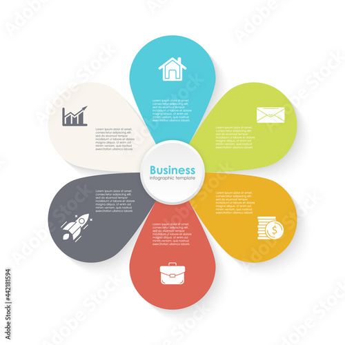 Vector circle infographic template with 6 steps for diagram, graph, web design, presentation and round chart. Business flower concept.