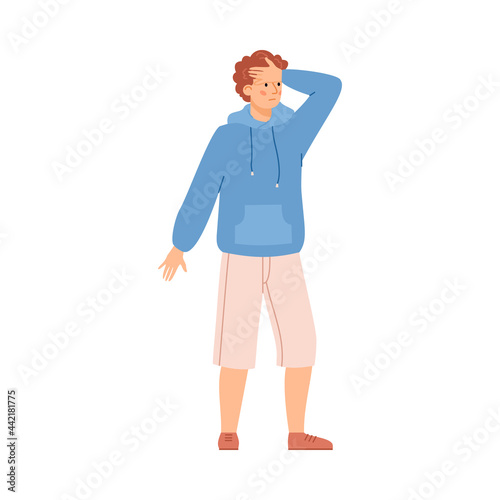 Regretting man feels disappointment or despair flat vector illustration isolated.