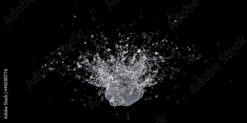 Water Splash with Droplets on Black Background. 3d illustration