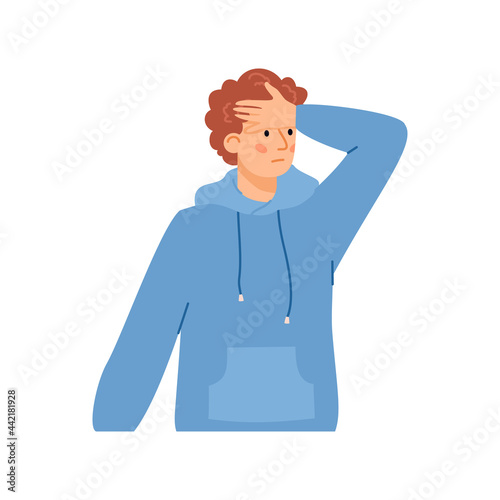 Man with face expression of disappointment flat vector illustration isolated.