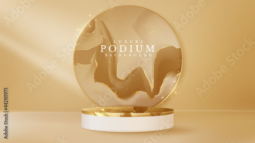 Luxury golden podium marble on brown background. Realistic 3d vector illustration.