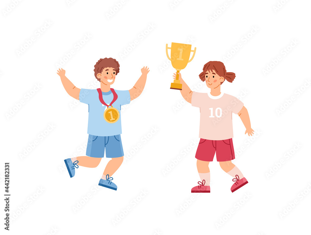 Boy and girl champions with gold cup and medal flat vector illustration isolated. Boy and girl champions with gold cup and medal flat vector illustration isolated.