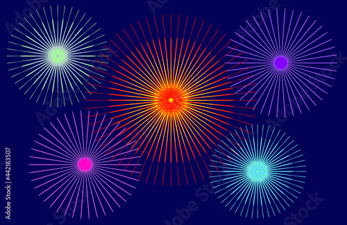 Vector of fireworks in dark night sky.