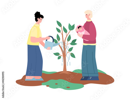 Happy family couple with newborn baby plant tree a flat vector illustration.