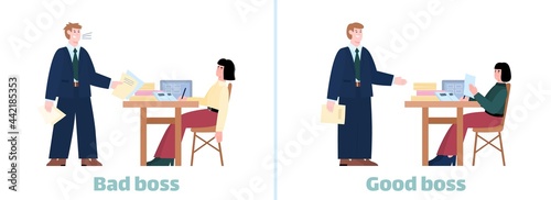 Bad boss vs good boss infographic on work ethics topic, flat vector illustration.