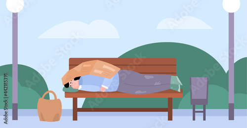 Homeless poor person sleeping on street bench outdoor a vector illustration