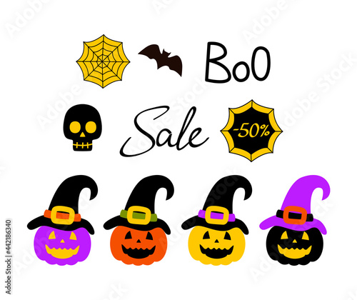 set of bright stickers for Halloween. collection of luminaries of jack in witch hat, hand lettering Sale.