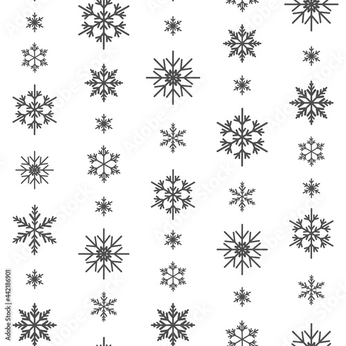 Winter seamless pattern with flat silver grey snowflakes on white background. New Year backdrop.