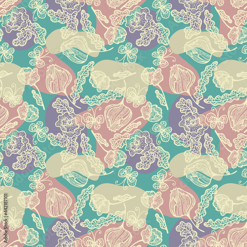 Background pattern with shapes, hand drawn decorative flowers. Vector seamless pattern. Design element.