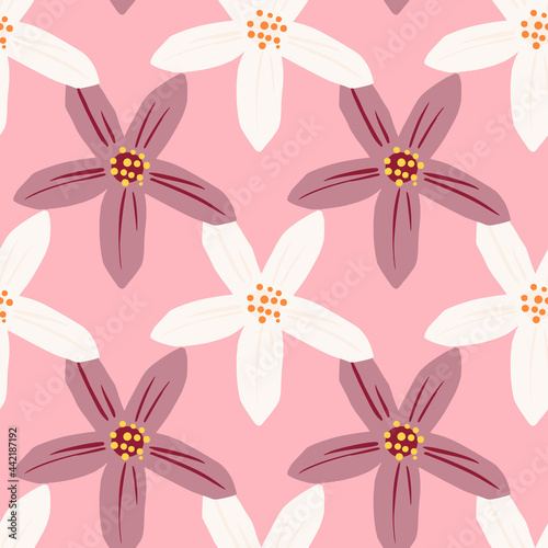Purple and white colored herbal mandarins flowers elements print. Pink bright background.