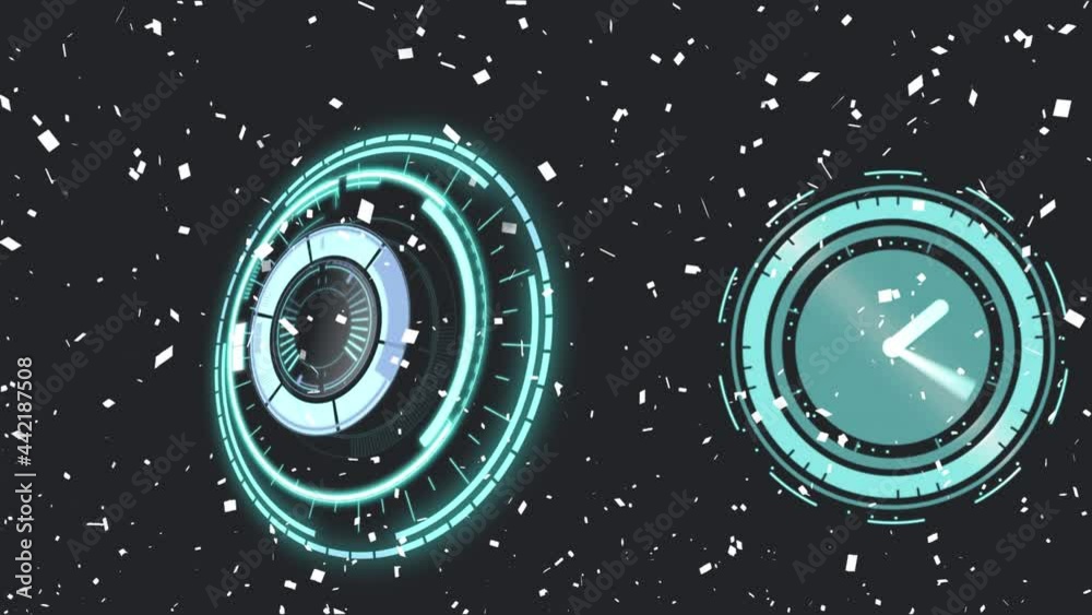 Animation of confetti with scope and clock on black background Animation of confetti with scope and clock on black background