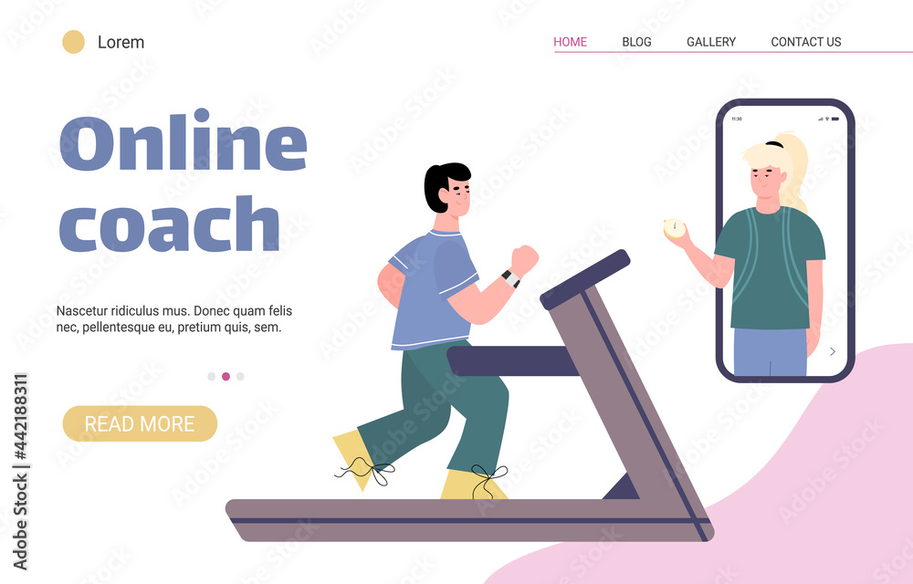 Girl sport coach training online of young man running on treadmill. Girl sport coach training online of young man running on treadmill.