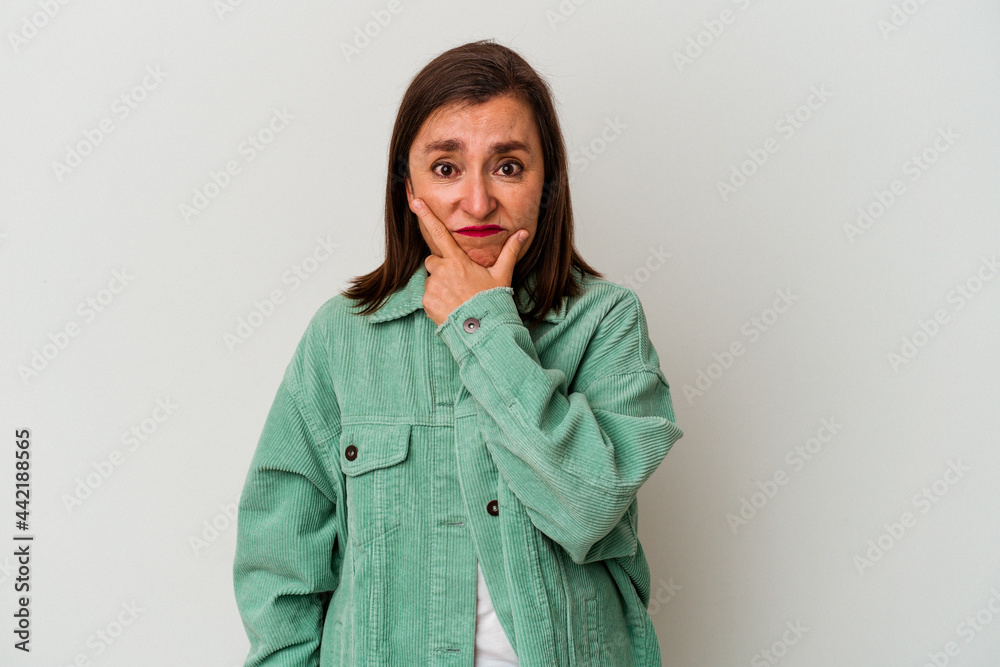 Middle age caucasian woman isolated on white background contemplating, planning a strategy, thinking about the way of a business. Middle age caucasian woman isolated on white background contemplating, planning a strategy, thinking about the way of a business.