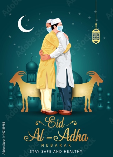 eid al adha mubarak. covid 19 corona virus concept. vector illustration design.