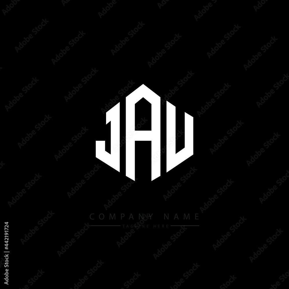 JAU letter logo design with polygon shape. JAU polygon logo monogram. JAU cube logo design. JAU hexagon vector logo template white and black colors. JAU monogram, JAU business and real estate logo. 