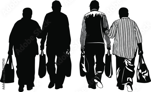 Black and white image of an elderly couple walking with shopping bags vector illustration