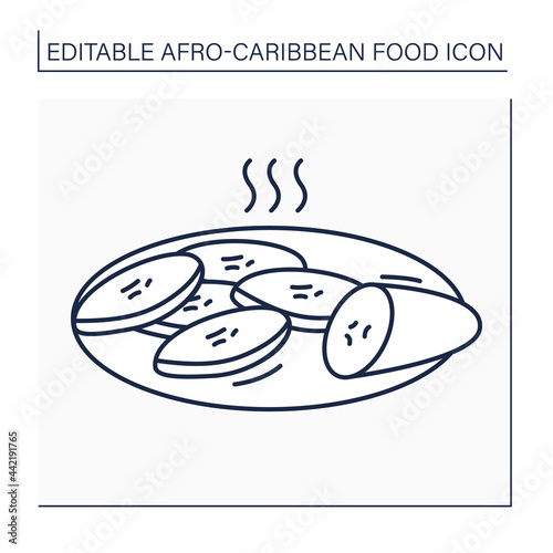 Fried plantain line icon. Ripe sweet plantains with caramelized texture and sweet flavor. Afro-Caribbean food.Local food concept. Isolated vector illustration. Editable stroke