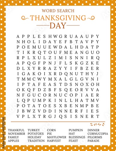 Thanksgiving Day word search puzzle. Logic game for learning English words. Holiday festive crossword. Printable activity sheet. Vector illustration. Worksheet about autumn