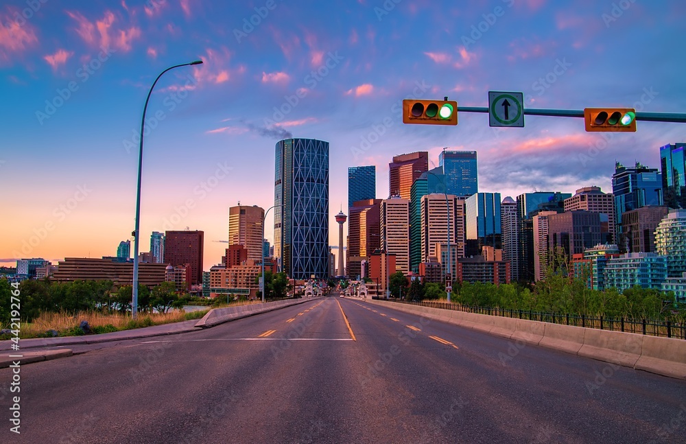 Roads Leading To Downtown Calgary At Sunrise