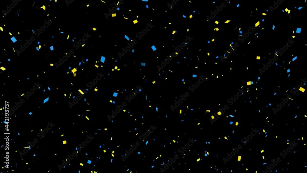 Animation of yellow and blue confetti falling on black background Animation of yellow and blue confetti falling on black background