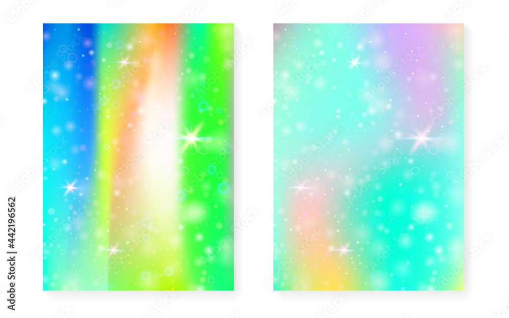 Rainbow background with kawaii princess gradient. Magic unicorn hologram.