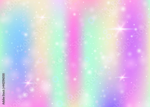 Magic background with rainbow mesh. Kawaii universe banner in princess colors. Fantasy gradient backdrop with hologram. Holographic magic background with fairy sparkles, stars and blurs.