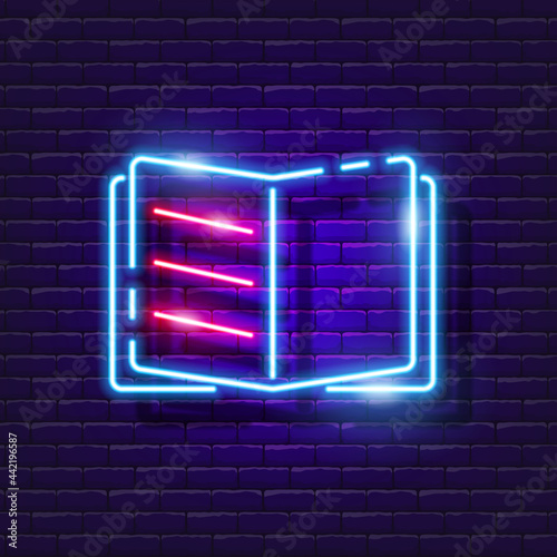 Notebook neon sign. Notepad with text glowing icon. Vector illustration for design. School concept.