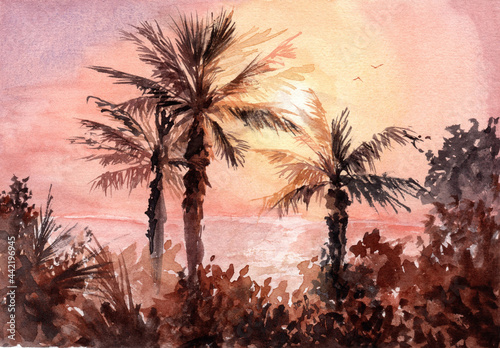 Colorful watercolor illustration of palms and other plants in front of the bright sun on the beach
