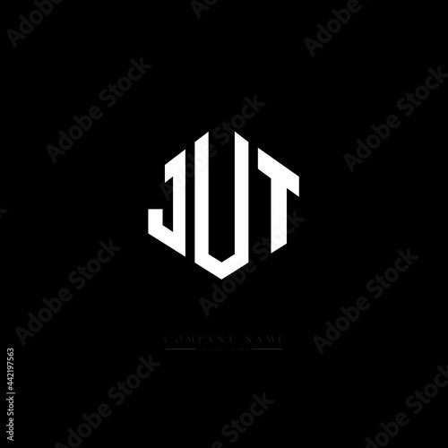 JUT letter logo design with polygon shape. JUT polygon logo monogram. JUT cube logo design. JUT hexagon vector logo template white and black colors. JUT monogram, JUT business and real estate logo. 