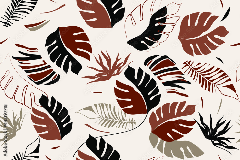 Fototapeta premium Tropical leaves. Modern exotic jungle plants illustration pattern. Floral seamless pattern. Fashionable template for design.