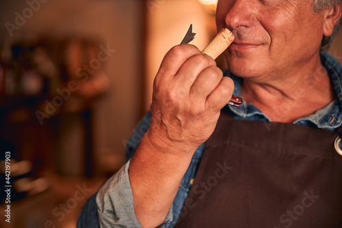 Male winemaker enjoying the scent of wine cork photo