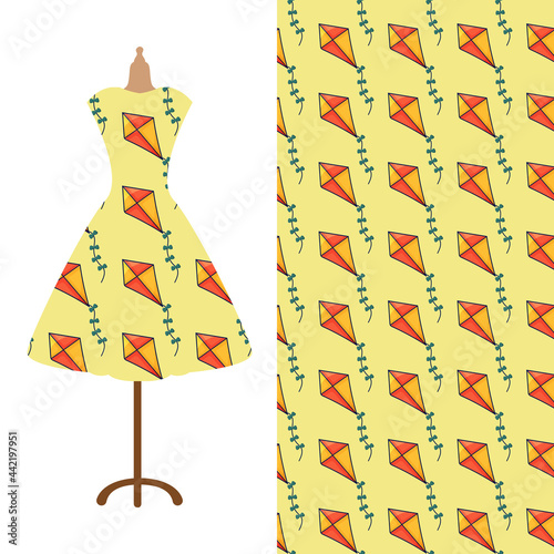 Womens long dress mock up with bright seamless hand drawn pattern for textile, paper print. 