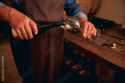 Male sommelier hands pouring glass of red wine