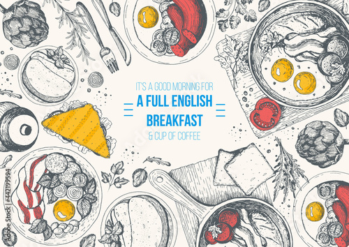 English breakfast top view frame. English food menu design. Vintage hand drawn sketch vector illustration