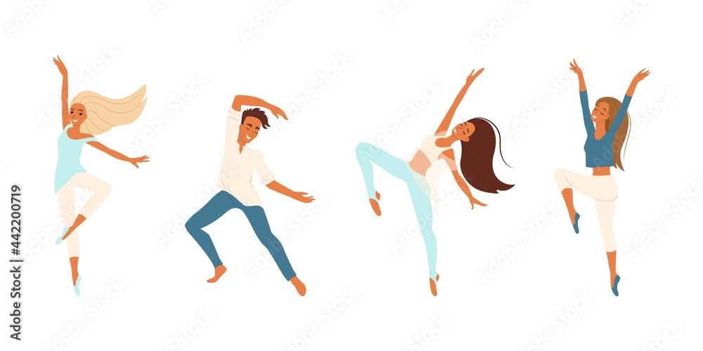 Dancers, cheerful people dancing, girls and boy engaged in modern dance, vector set of cartoon characters, flat people isolates.