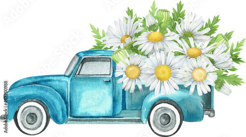 Watercolor farm truck with daisy. Watercolor retro truck with wildflowers. Vintage truck illustration