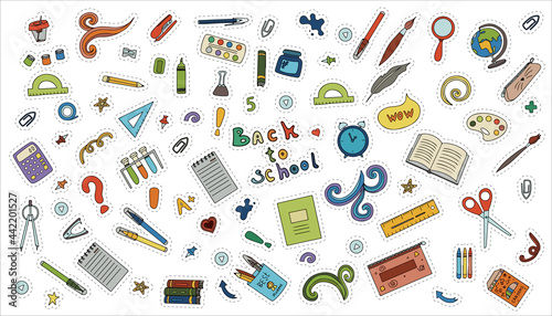 Back to school. Big vector doodle set. Stationery for school, university and office. Hand-drawn school supplies. A set of colored flat icons. Cartoon illustrations for elementary school.